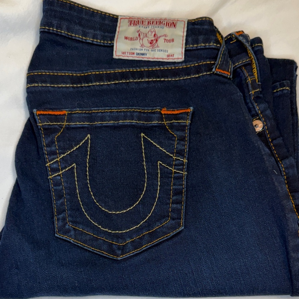 True Religion Women's Skinny Jeans - Dark Blue with Orange Stitching